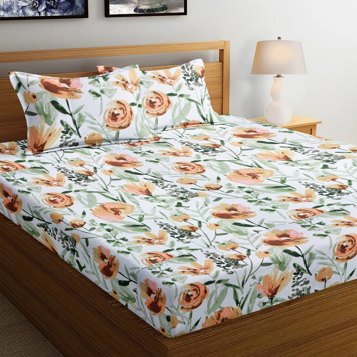Soft Floral Print 144 TC Cotton Fitted Bedsheet In Brown At Best Prices