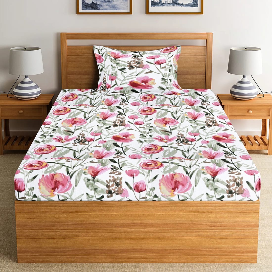 Soft Floral Print 144 TC Cotton Fitted Bedsheet In Magenta At Best Prices