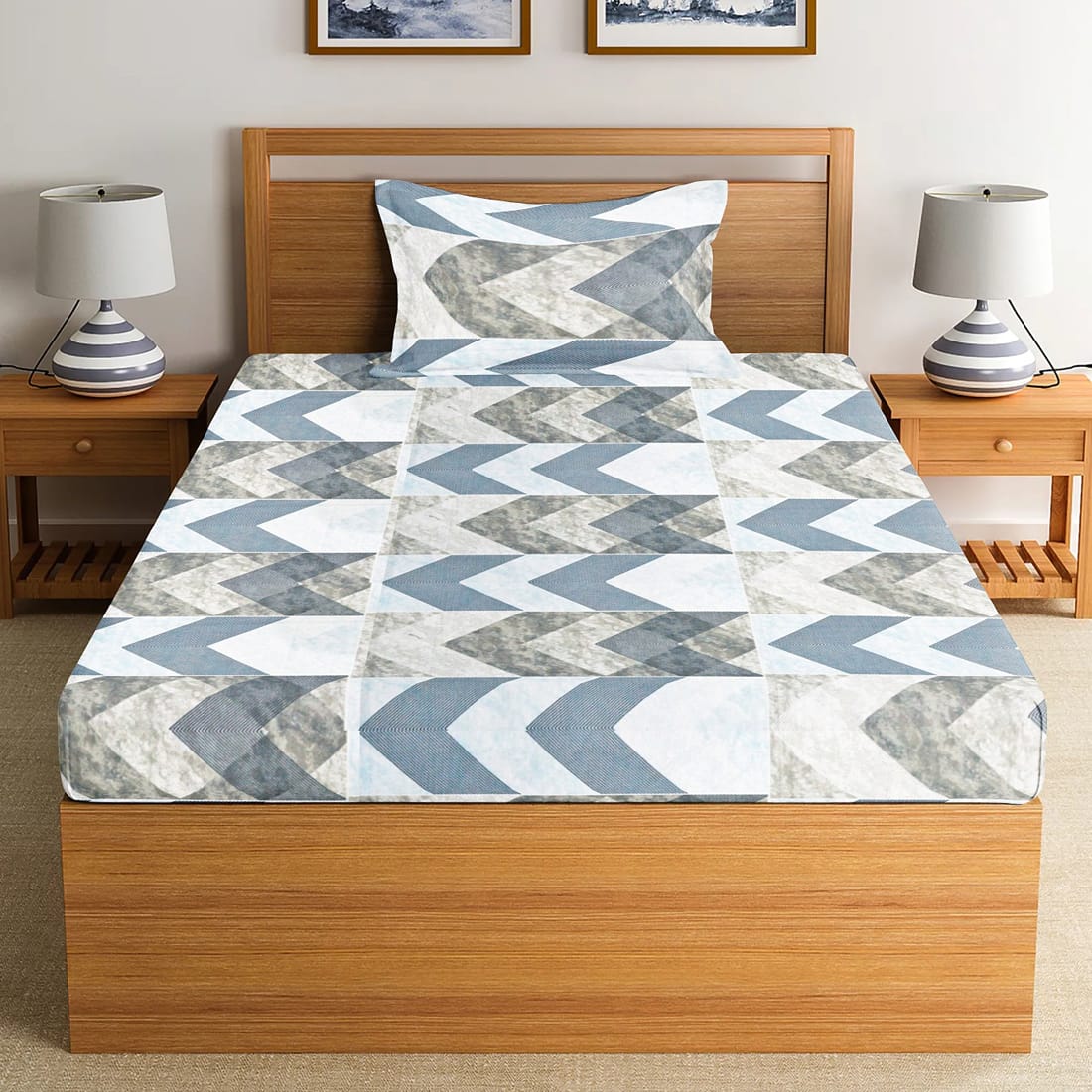 Soft Floral Print 144 TC Cotton Fitted Bedsheet In Blue At Best Prices