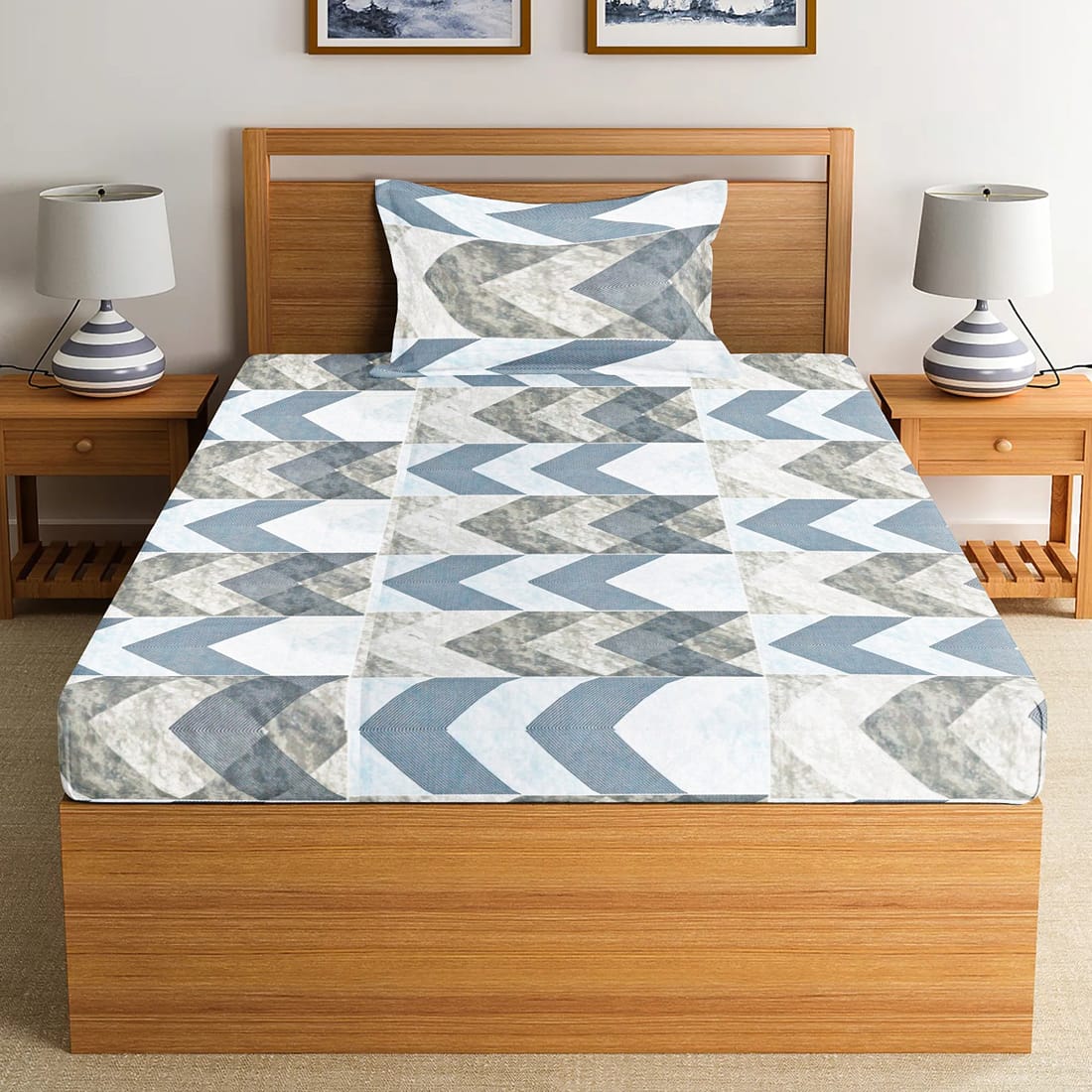Printed Geometrical Cotton 144 TC Fitted Bedsheet - Blue