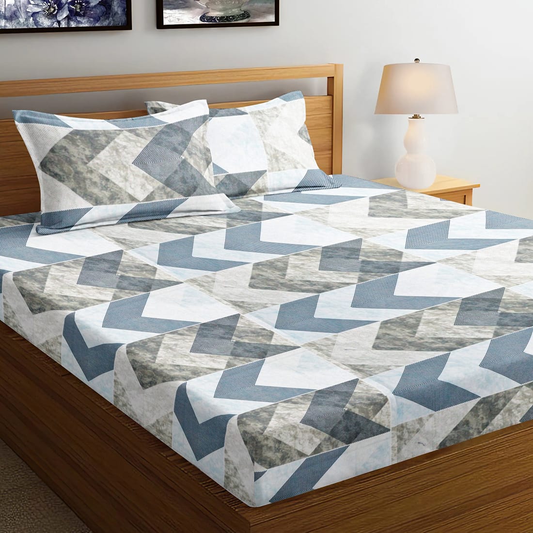 Printed Geometrical Cotton 144 TC Fitted Bedsheet - Blue
