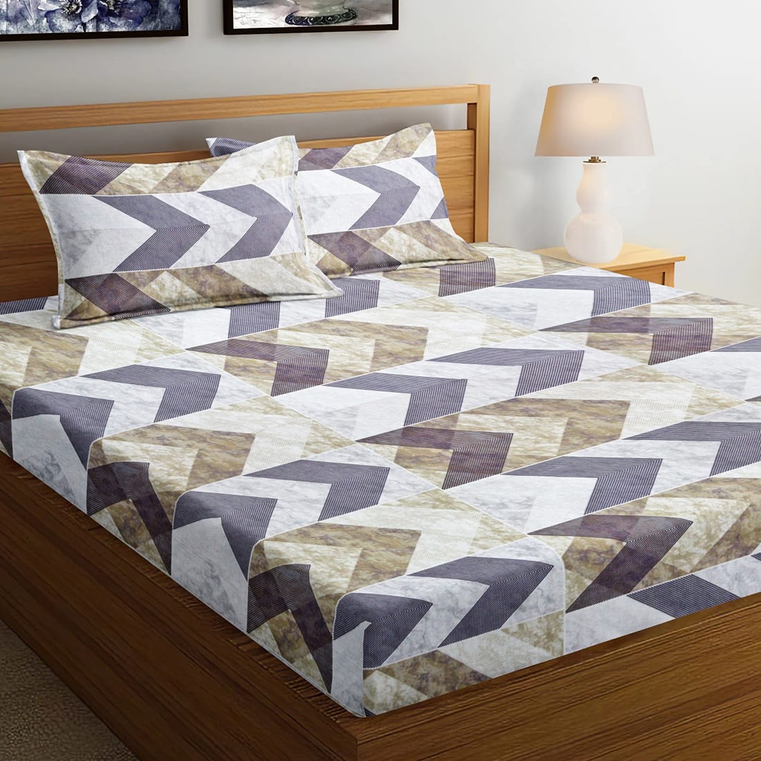 Soft Cotton Geometrical Print 144 TC Fitted Bedsheet In Brown At Best Prices