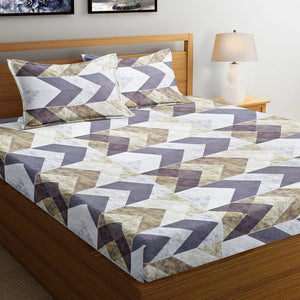 Soft Cotton Geometrical Print 144 TC Fitted Bedsheet In Brown At Best Prices
