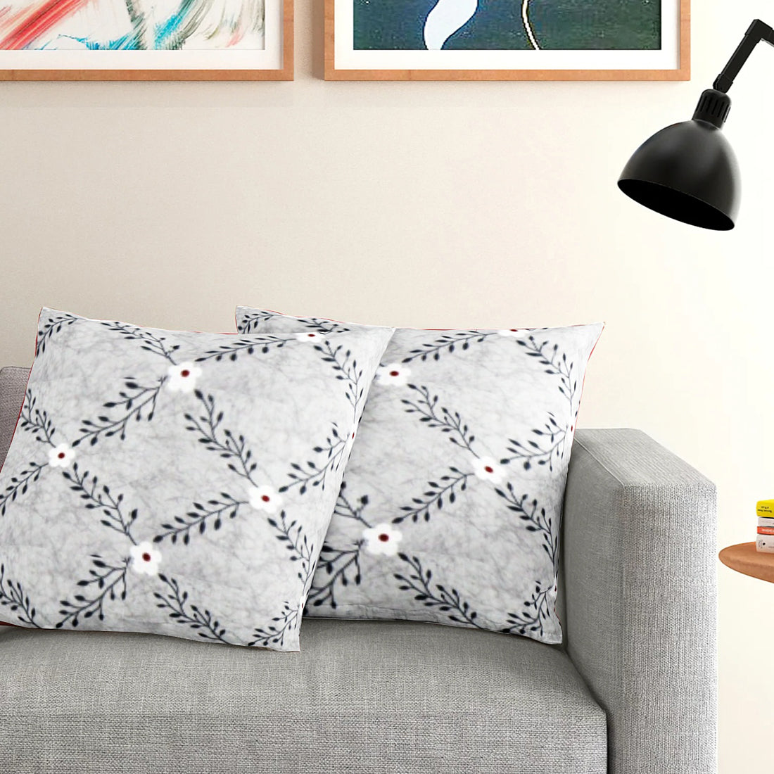 Printed Floral Cotton Cushion Cover set - Grey