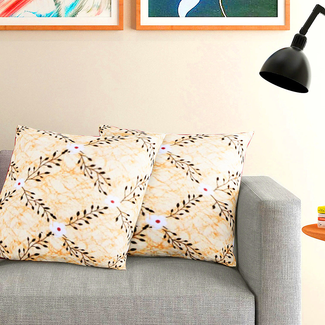 Soft Floral print Yellow Cotton Cushion Cover Set online in India