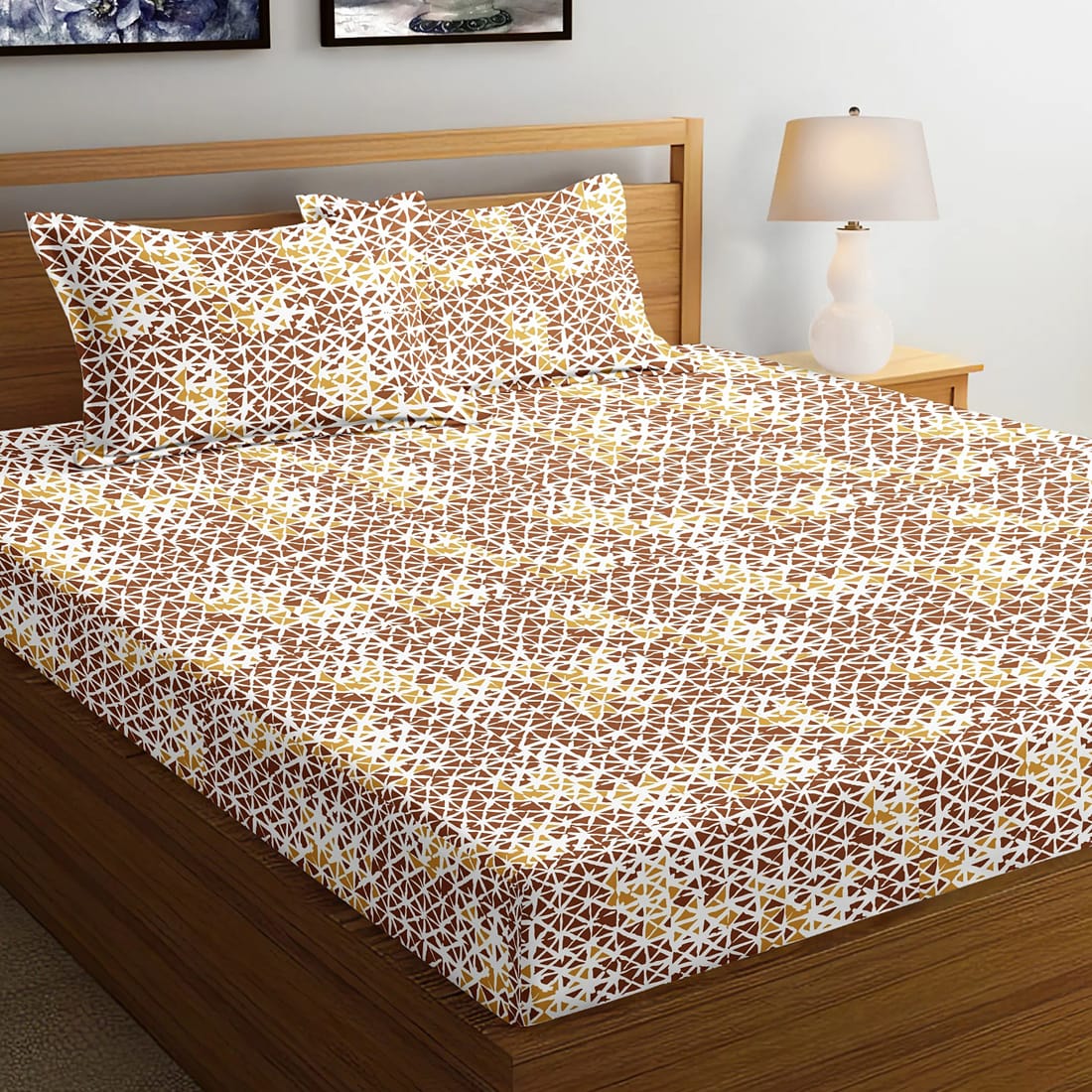 Soft Cotton Geometrical Print 144 TC Fitted Bedsheet In Brown At Best Prices