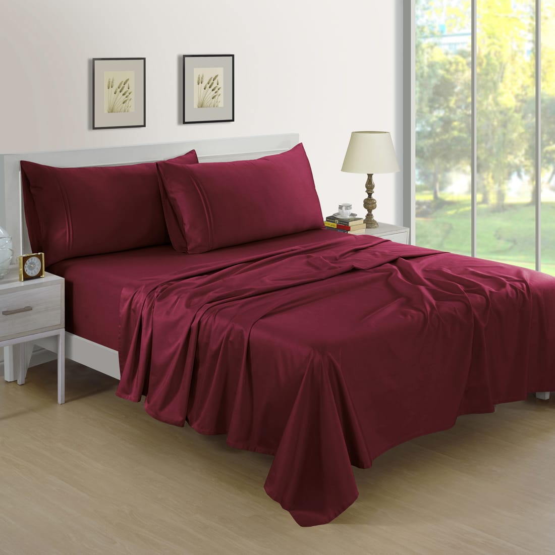Soft Cotton Plain 400 TC Satin Fitted Bedsheet In Burgundy At Best Prices