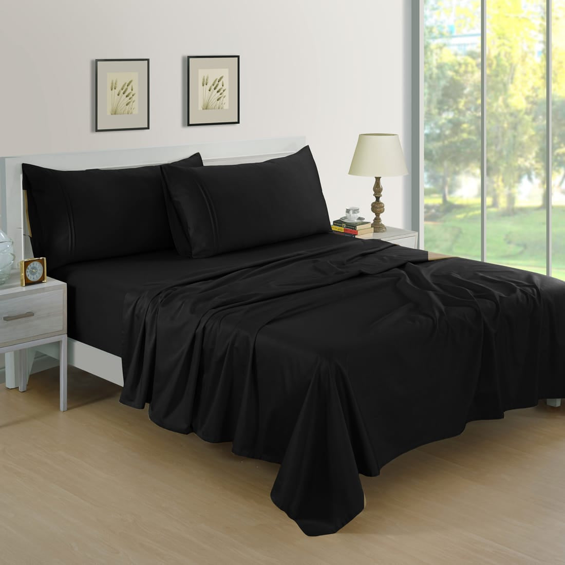 Soft Cotton Plain 400 TC Satin Fitted Bedsheet In Black At Best Prices 