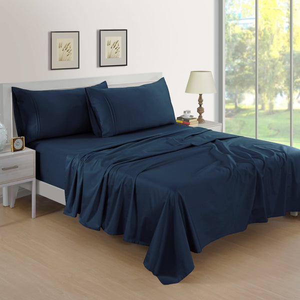 Soft Cotton Plain 400 TC Satin Fitted Bedsheet In Navy Blue At Best Prices 