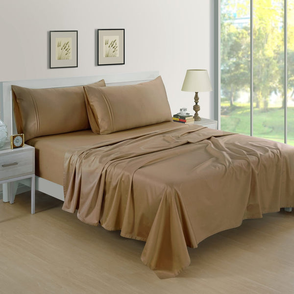 Soft Plain 400 TC Cotton Satin Fitted Bedsheet in Camel Brown  At Best Prices